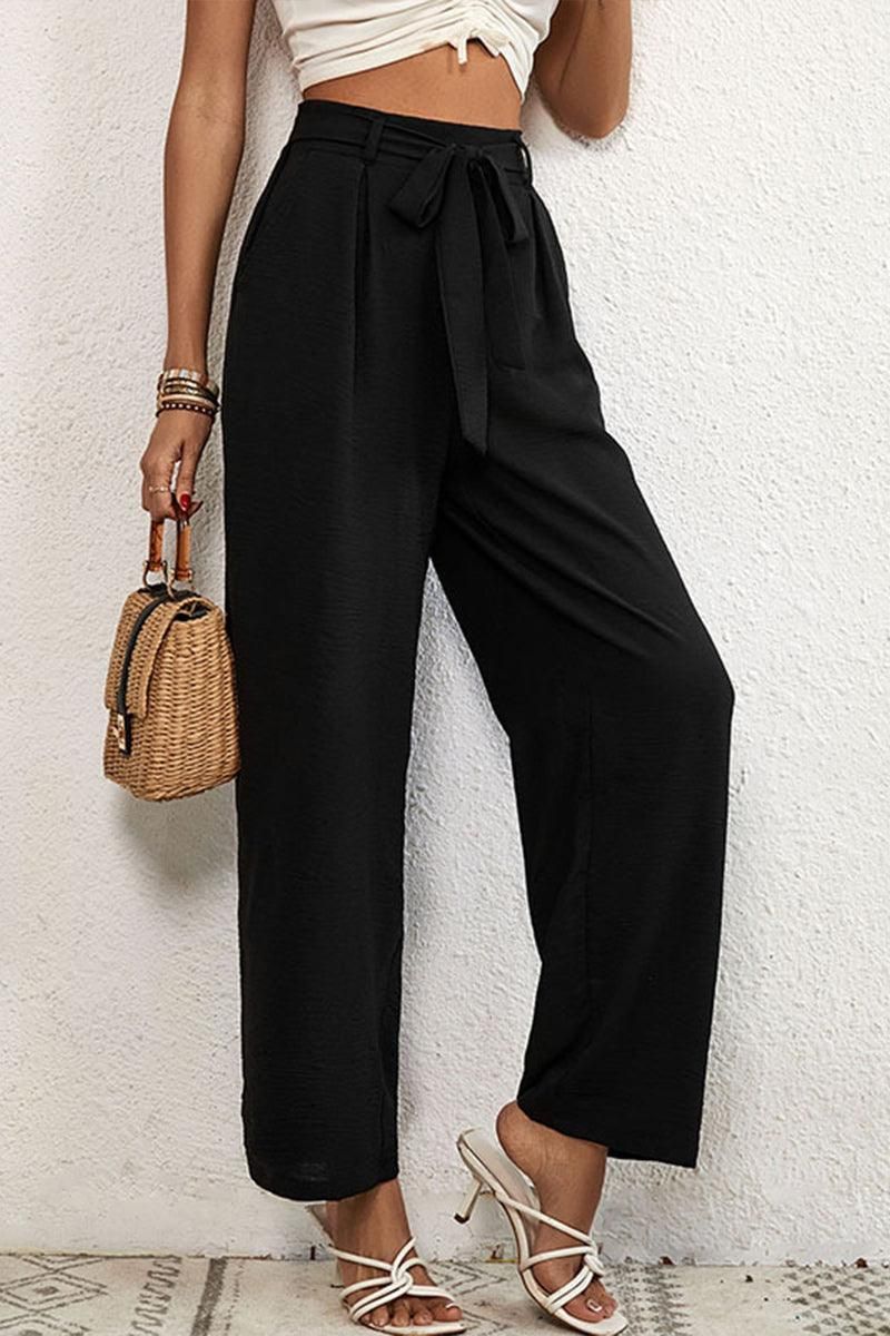 MIDI WAIST CASUAL WIDE LEG PANTS - Doublju