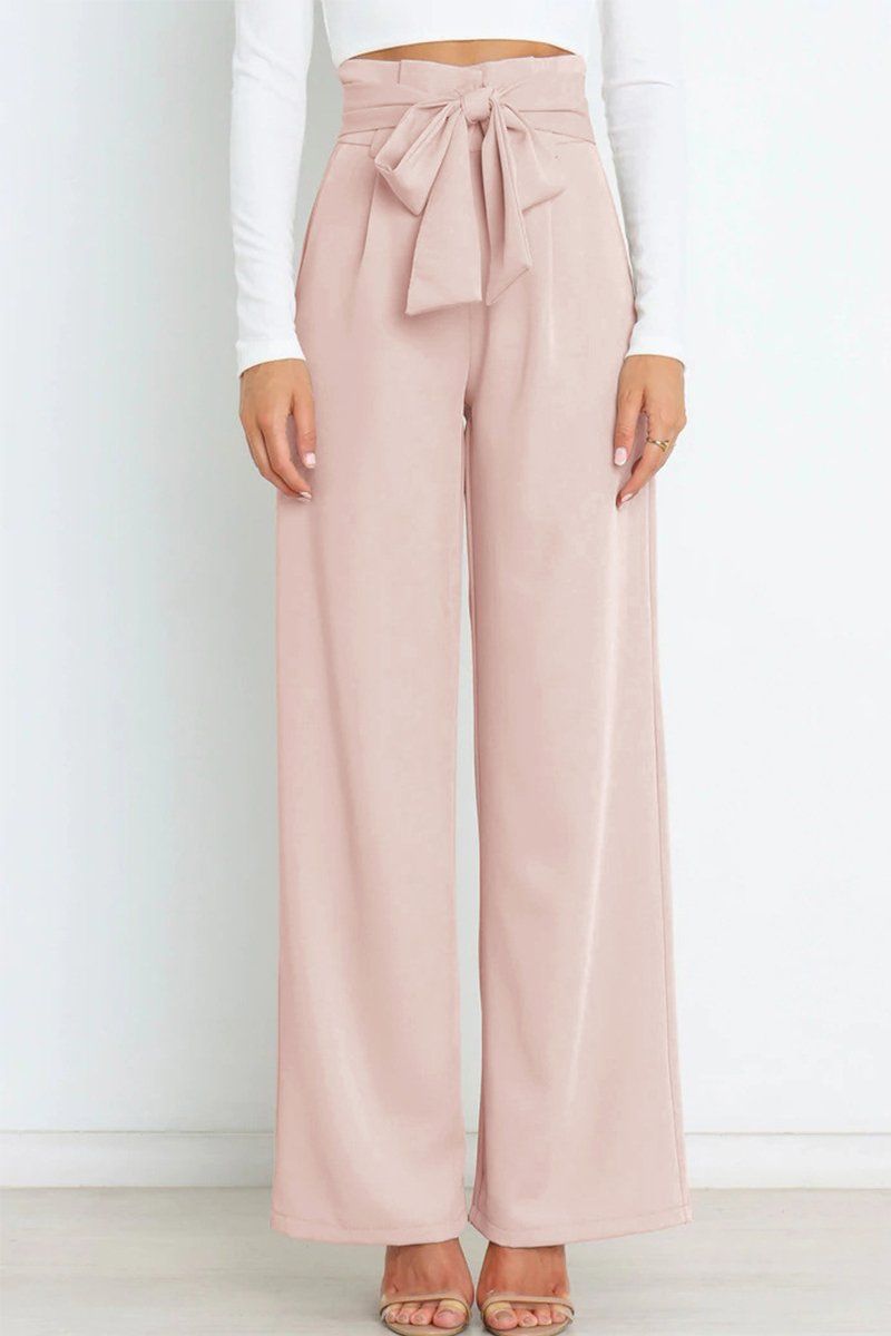 WOMEN TIED WAIST WIDE LEG OFFICE WORK PANTS