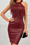 WOMEN TASSEL NECKLINE HALTER NECK SEQUIN DRESS