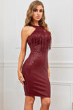 WOMEN TASSEL NECKLINE HALTER NECK SEQUIN DRESS