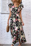 FLORAL RUFFLED SLEEVES CROSS OVER TIED MAXI DRESS - Doublju