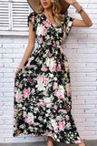 FLORAL RUFFLED SLEEVES CROSS OVER TIED MAXI DRESS - Doublju