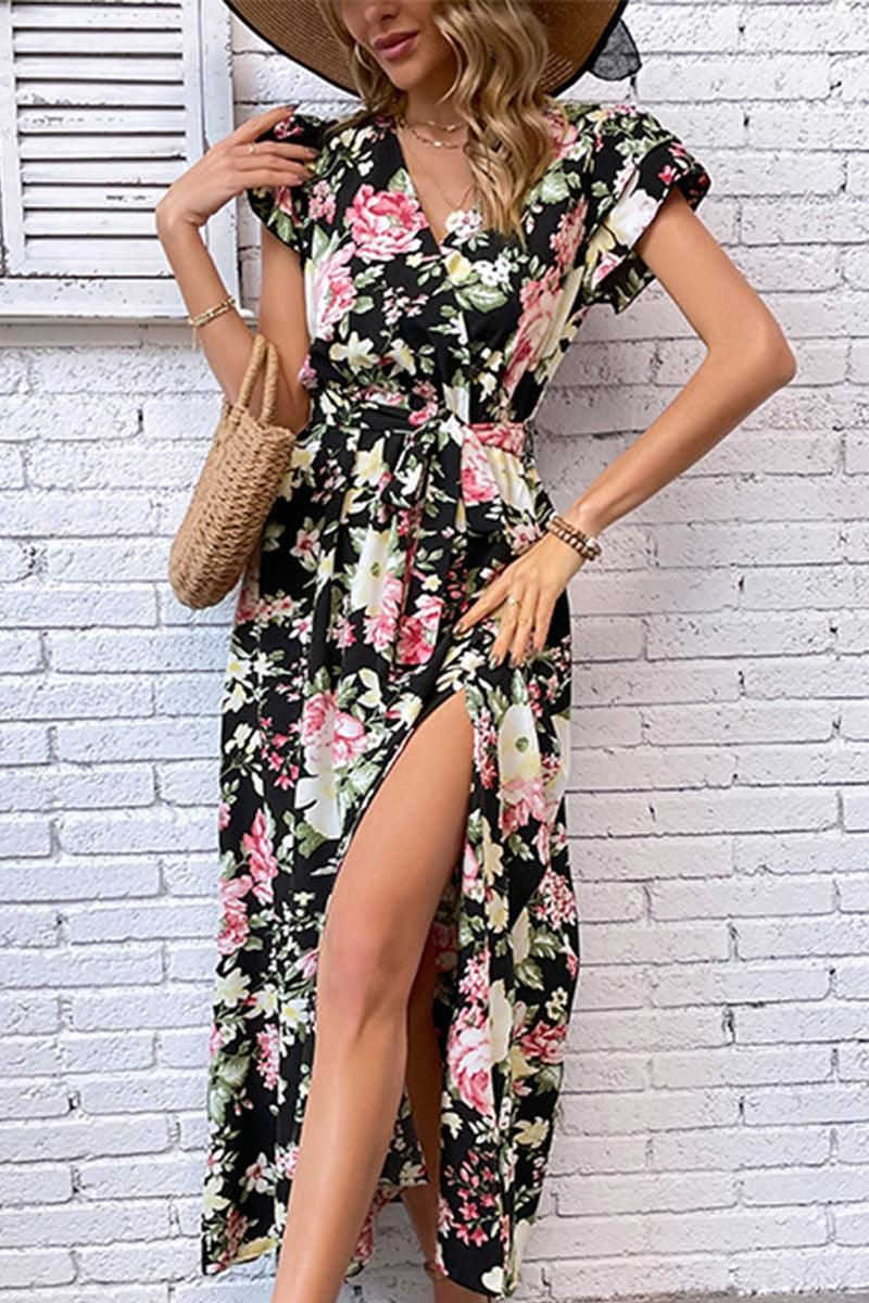 FLORAL RUFFLED SLEEVES CROSS OVER TIED MAXI DRESS - Doublju