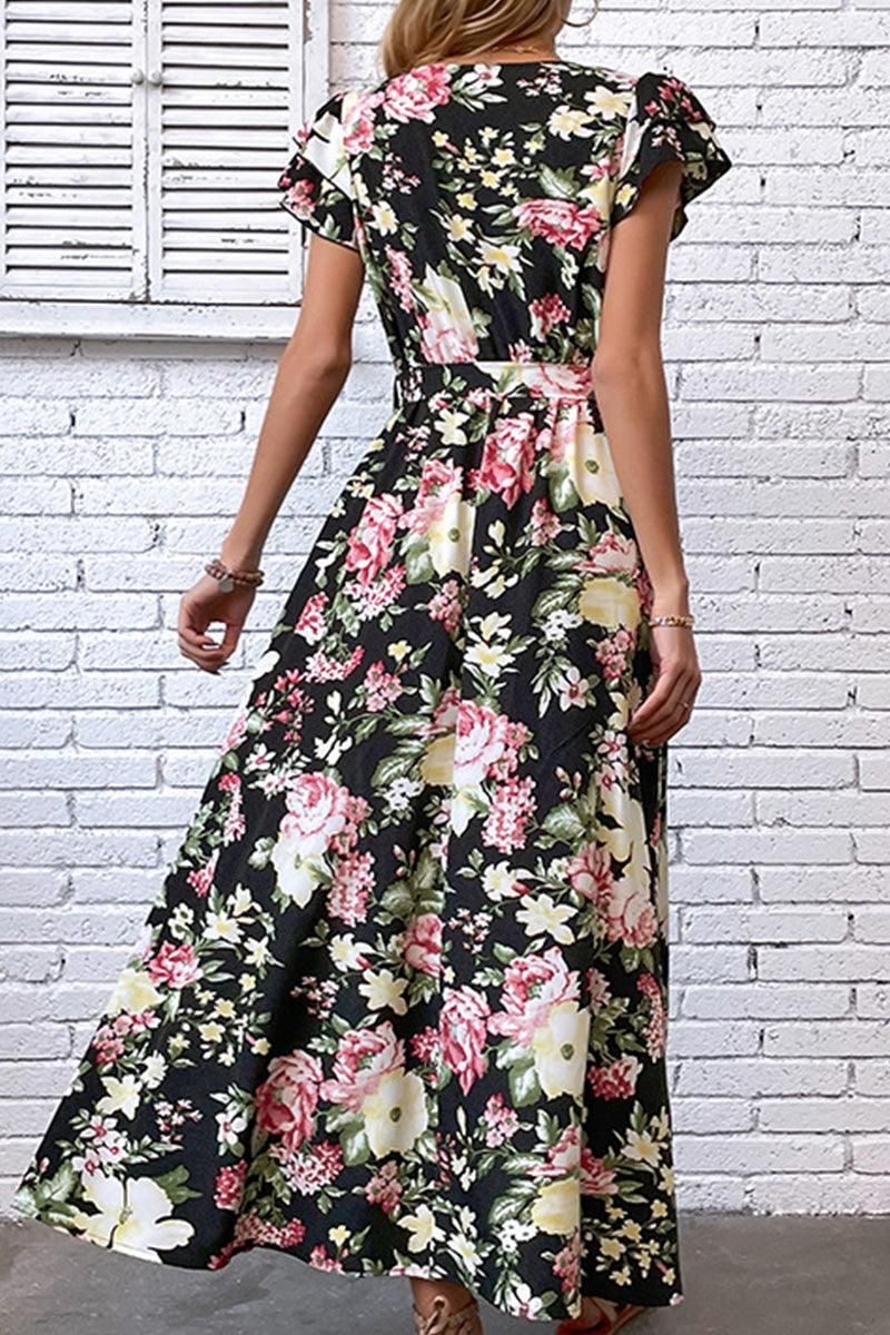 FLORAL RUFFLED SLEEVES CROSS OVER TIED MAXI DRESS - Doublju