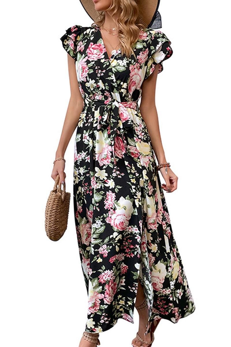 FLORAL RUFFLED SLEEVES CROSS OVER TIED MAXI DRESS - Doublju