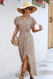 RUFFLED SHORT SLEEVE LEOPARD PATTERN LONG DRESS - Doublju