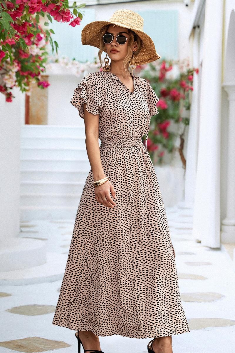 RUFFLED SHORT SLEEVE LEOPARD PATTERN LONG DRESS - Doublju