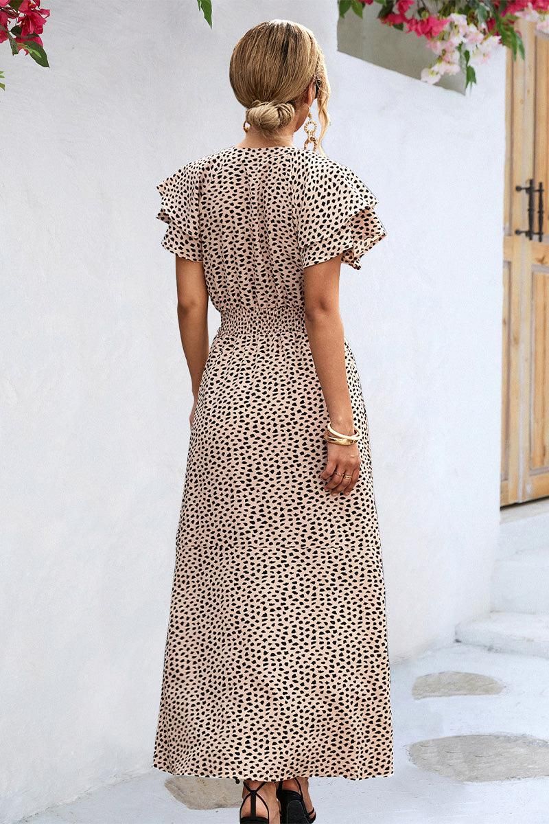 RUFFLED SHORT SLEEVE LEOPARD PATTERN LONG DRESS - Doublju