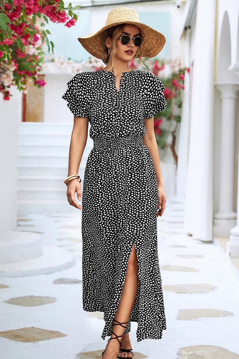 RUFFLED SHORT SLEEVE LEOPARD PATTERN LONG DRESS - Doublju