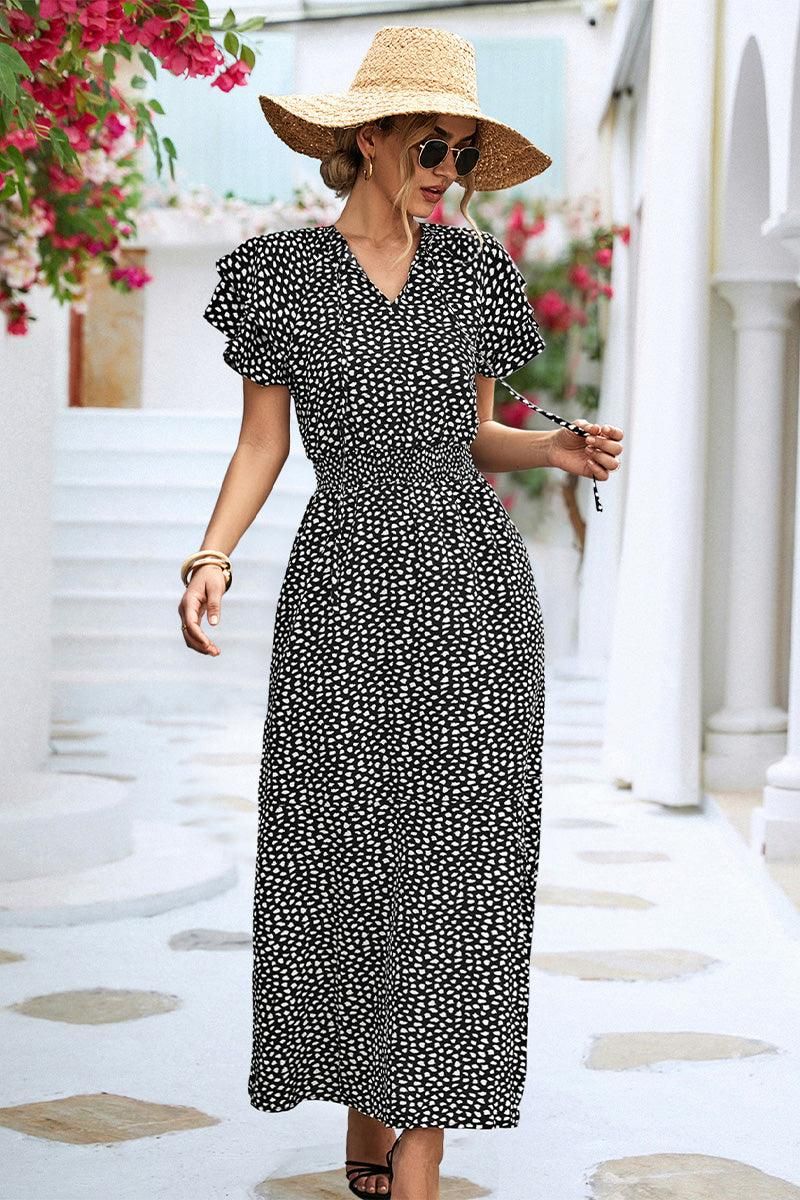 RUFFLED SHORT SLEEVE LEOPARD PATTERN LONG DRESS - Doublju