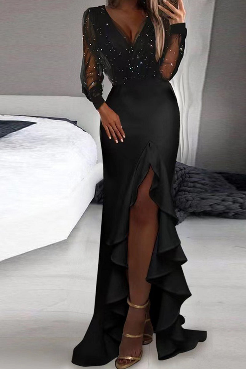 WOMEN V NECK RUFFLED SLIT SEQUIN PARTY DRESS