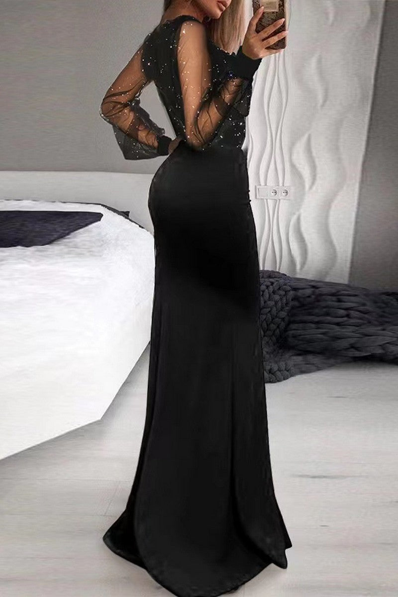 WOMEN V NECK RUFFLED SLIT SEQUIN PARTY DRESS