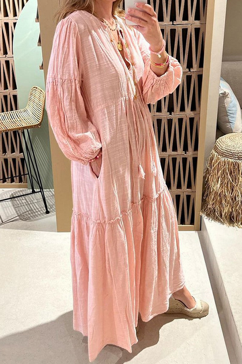 WOMEN LOOSE FIT COZY LINEN LONG SLEEVE MAXI DRESS