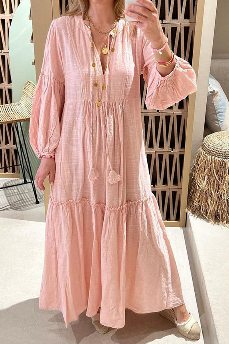 WOMEN LOOSE FIT COZY LINEN LONG SLEEVE MAXI DRESS