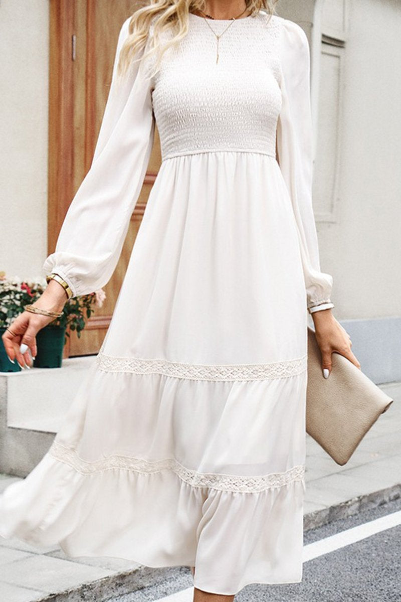 WOMEN LACE TRIM LONG SLEEVE ELEGANT MAXI DRESS