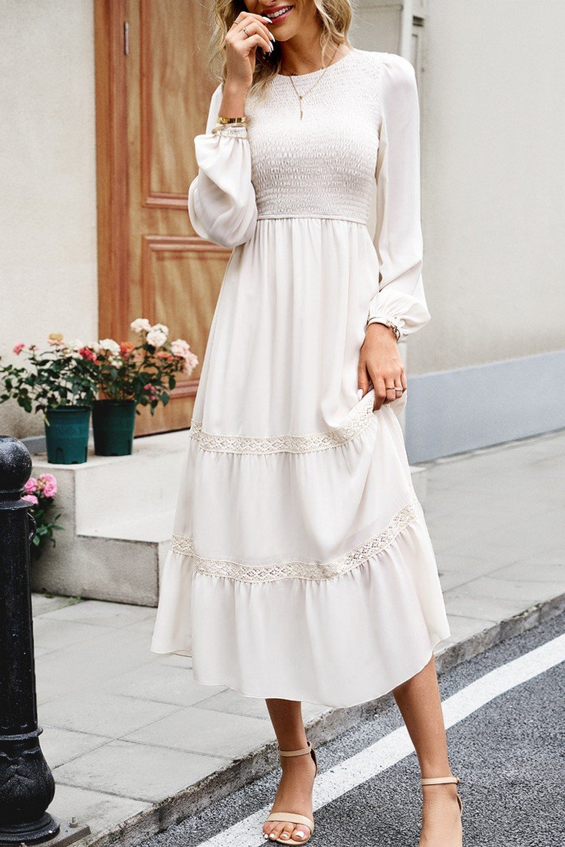 WOMEN LACE TRIM LONG SLEEVE ELEGANT MAXI DRESS