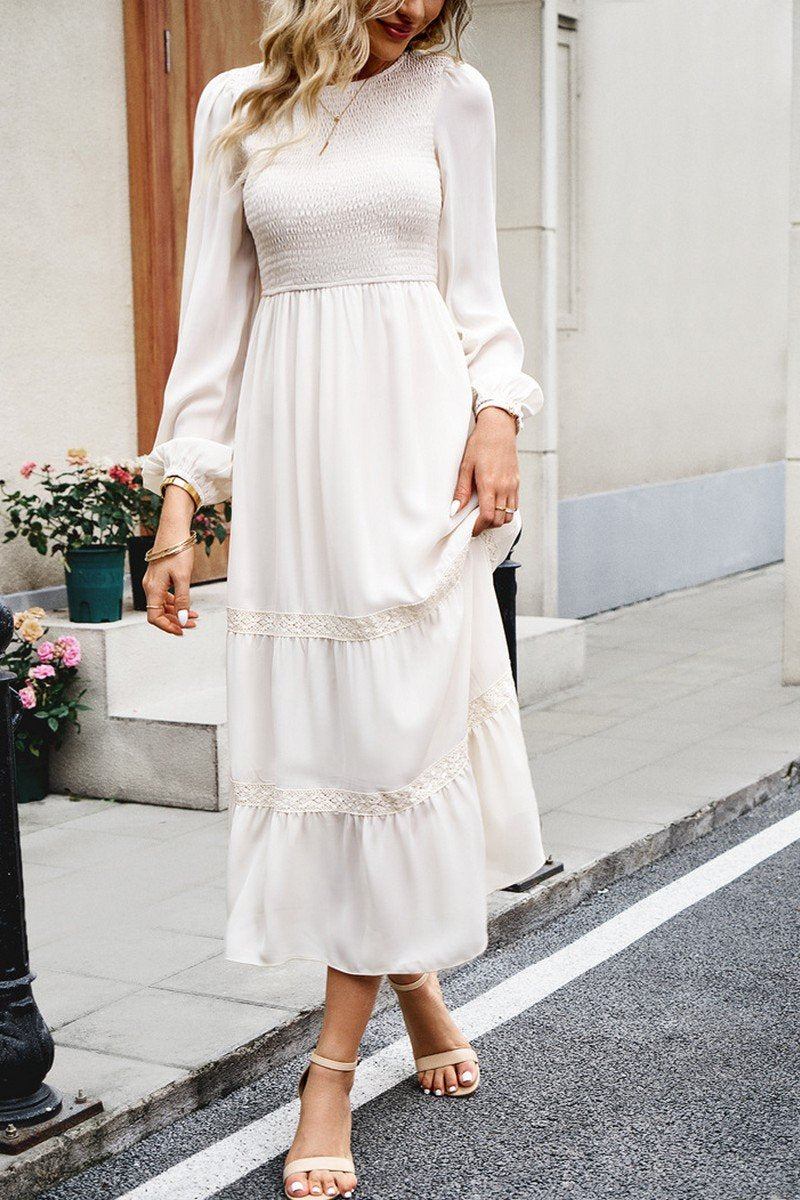 WOMEN LACE TRIM LONG SLEEVE ELEGANT MAXI DRESS