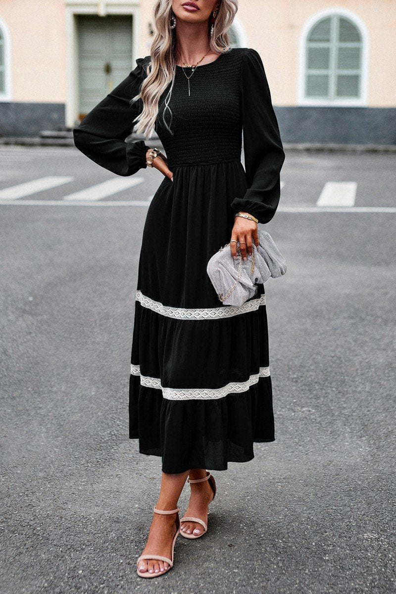 WOMEN LACE TRIM LONG SLEEVE ELEGANT MAXI DRESS