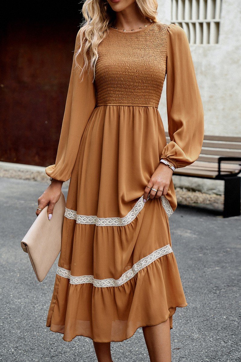 WOMEN LACE TRIM LONG SLEEVE ELEGANT MAXI DRESS