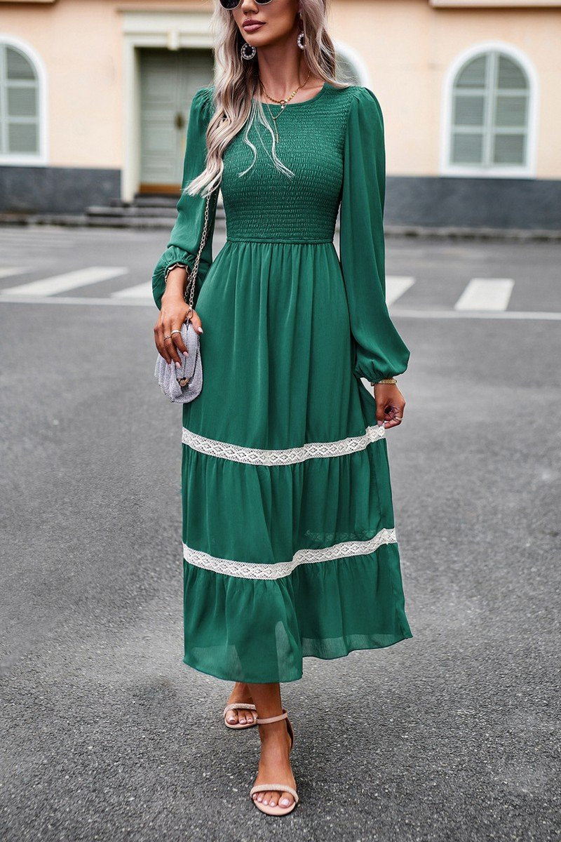 WOMEN LACE TRIM LONG SLEEVE ELEGANT MAXI DRESS