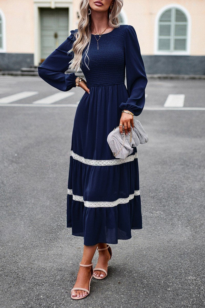 WOMEN LACE TRIM LONG SLEEVE ELEGANT MAXI DRESS