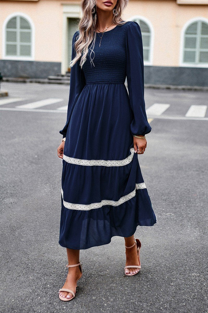 WOMEN LACE TRIM LONG SLEEVE ELEGANT MAXI DRESS