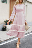 WOMEN LACE TRIM LONG SLEEVE ELEGANT MAXI DRESS