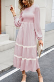 WOMEN LACE TRIM LONG SLEEVE ELEGANT MAXI DRESS