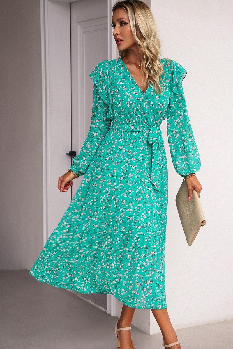 WOMEN CAPE LONG SLEEVE HIGH WAIST FLORAL DRESS