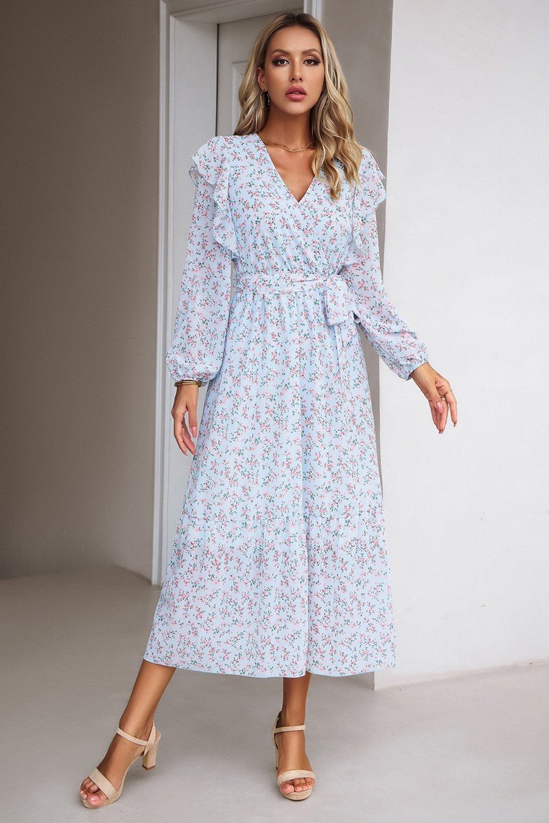 WOMEN CAPE LONG SLEEVE HIGH WAIST FLORAL DRESS