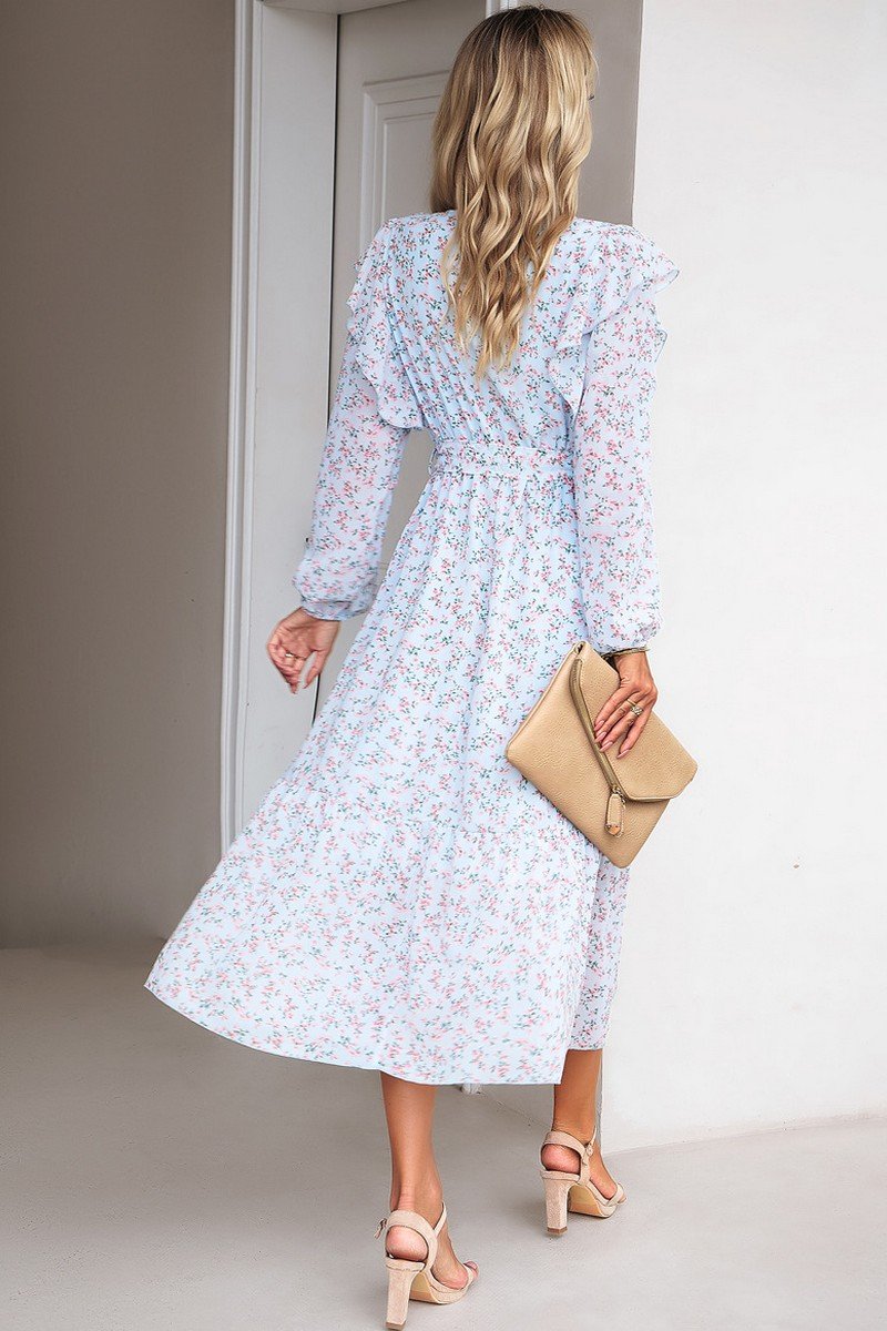 WOMEN CAPE LONG SLEEVE HIGH WAIST FLORAL DRESS