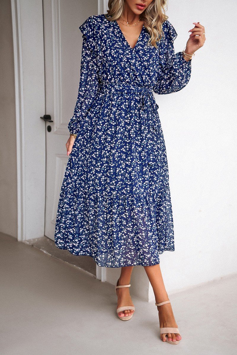 WOMEN CAPE LONG SLEEVE HIGH WAIST FLORAL DRESS