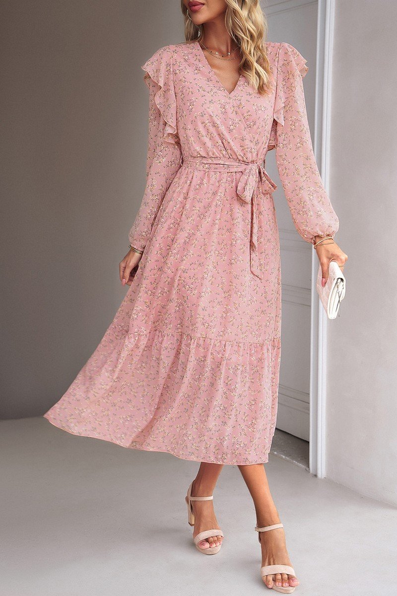 WOMEN CAPE LONG SLEEVE HIGH WAIST FLORAL DRESS