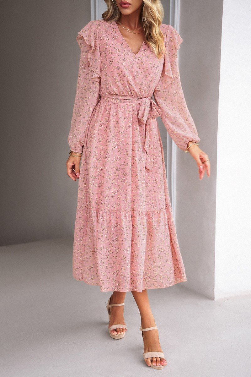 WOMEN CAPE LONG SLEEVE HIGH WAIST FLORAL DRESS