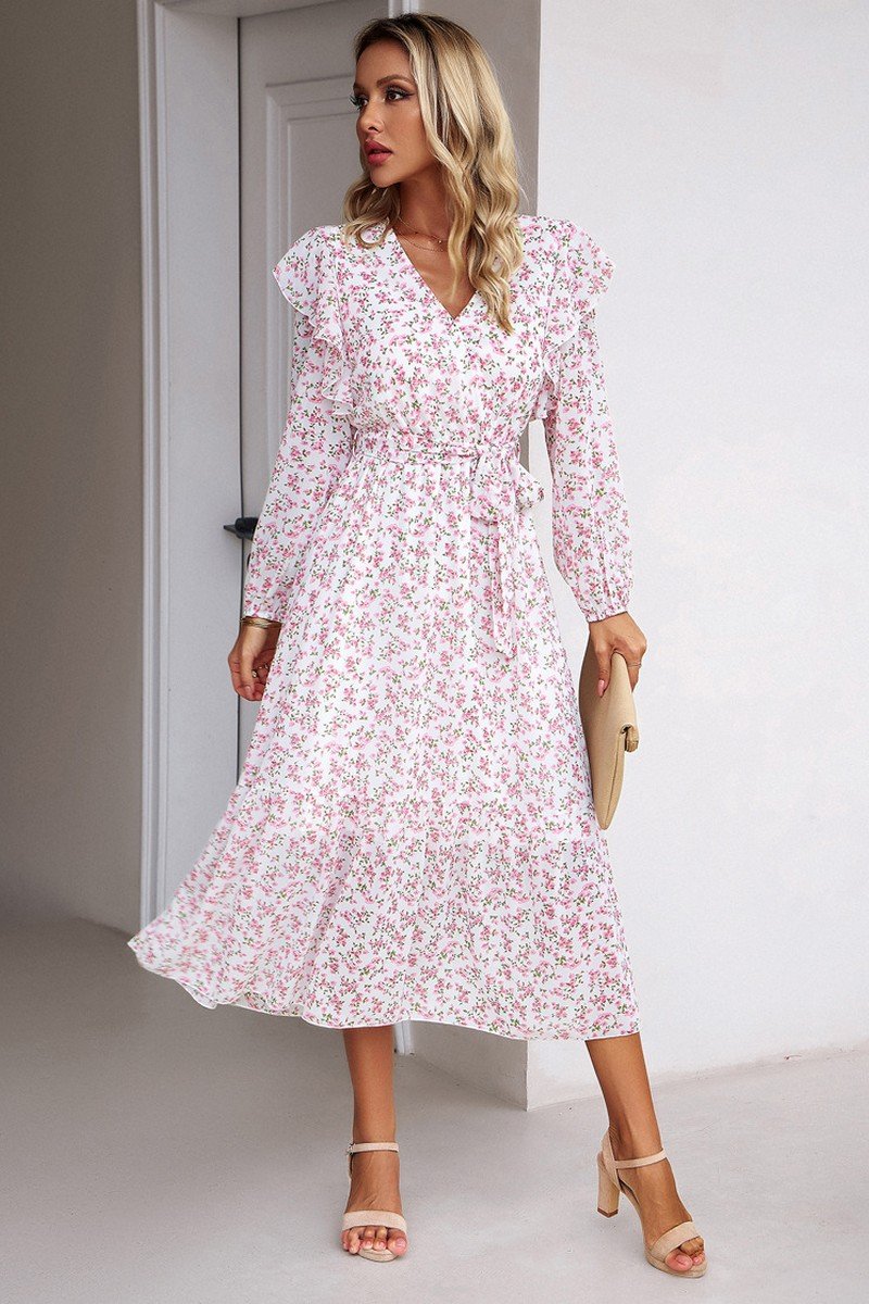 WOMEN CAPE LONG SLEEVE HIGH WAIST FLORAL DRESS