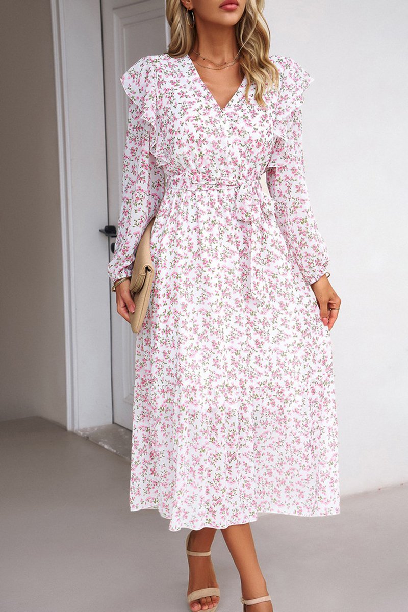 WOMEN CAPE LONG SLEEVE HIGH WAIST FLORAL DRESS