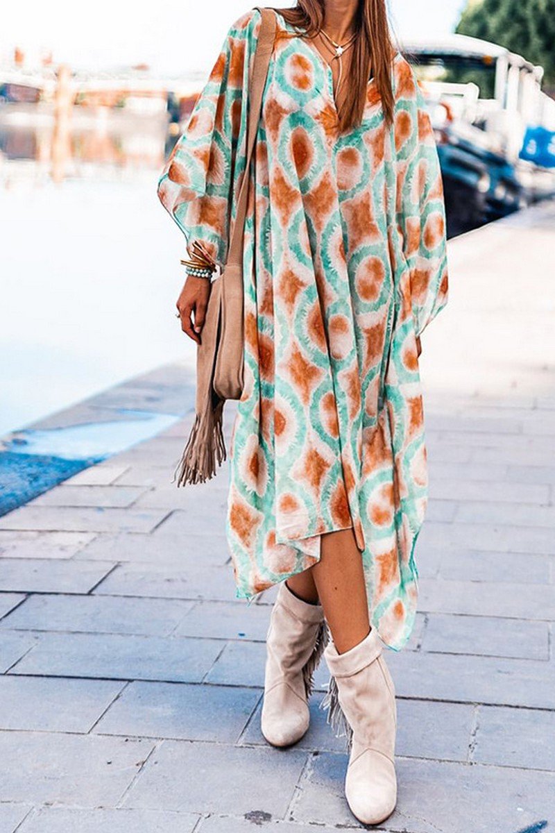 WOMEN BOHEMIAN PARINTING OVERSIZED SHAWL DRESS