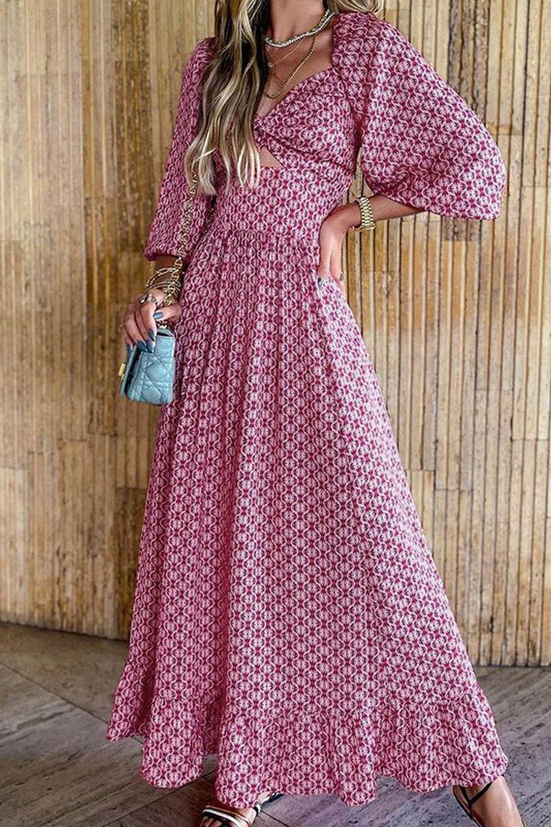 WOMEN BOHEMIAN PATTERN 3/4 SLEEVE BOHO LONG DRESS