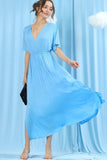 V NECK SHORT SLEEVE BACK BOW TIE EMPIRE MAXI DRESS - Doublju