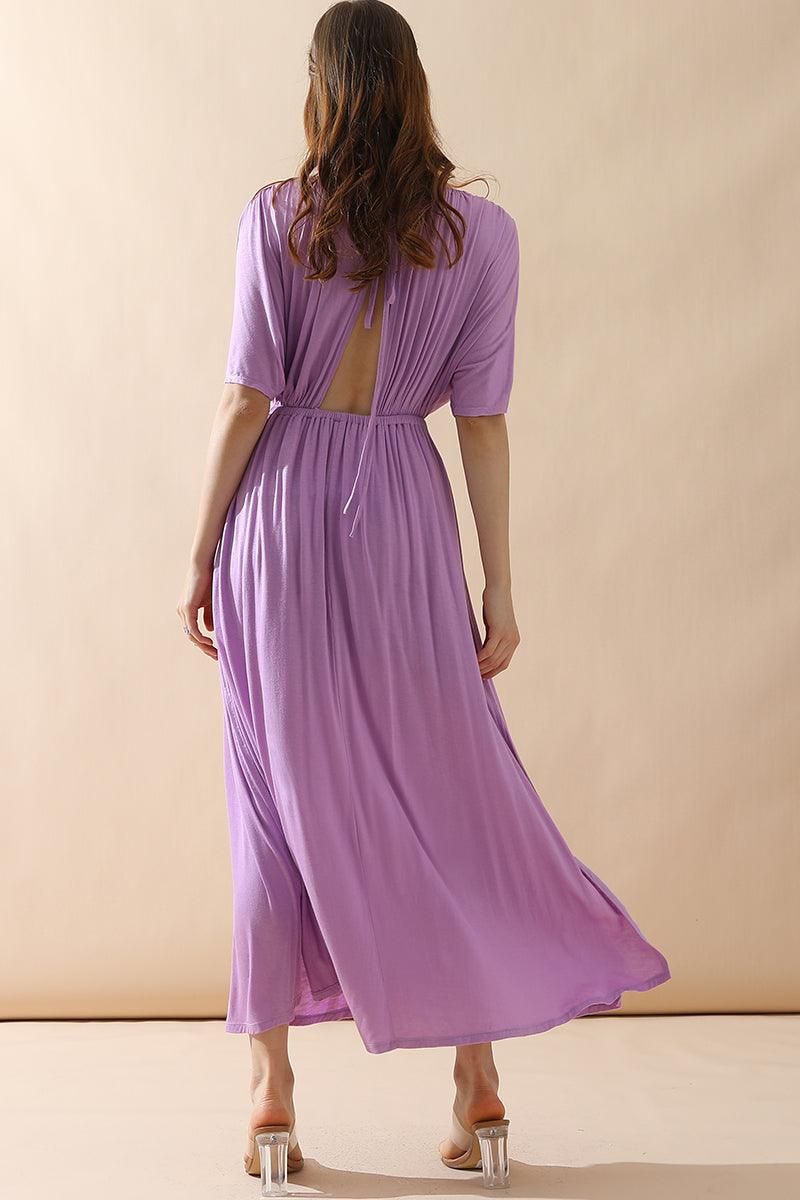 V NECK SHORT SLEEVE BACK BOW TIE EMPIRE MAXI DRESS - Doublju