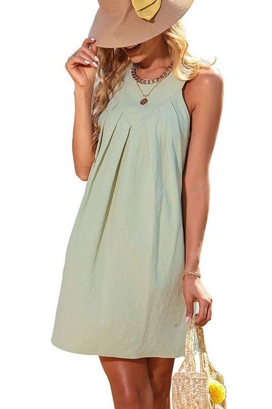 SLEEVELESS HALTER NECK RUFFLE CASUAL SHORT DRESS - Doublju