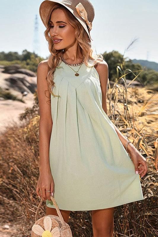 SLEEVELESS HALTER NECK RUFFLE CASUAL SHORT DRESS - Doublju