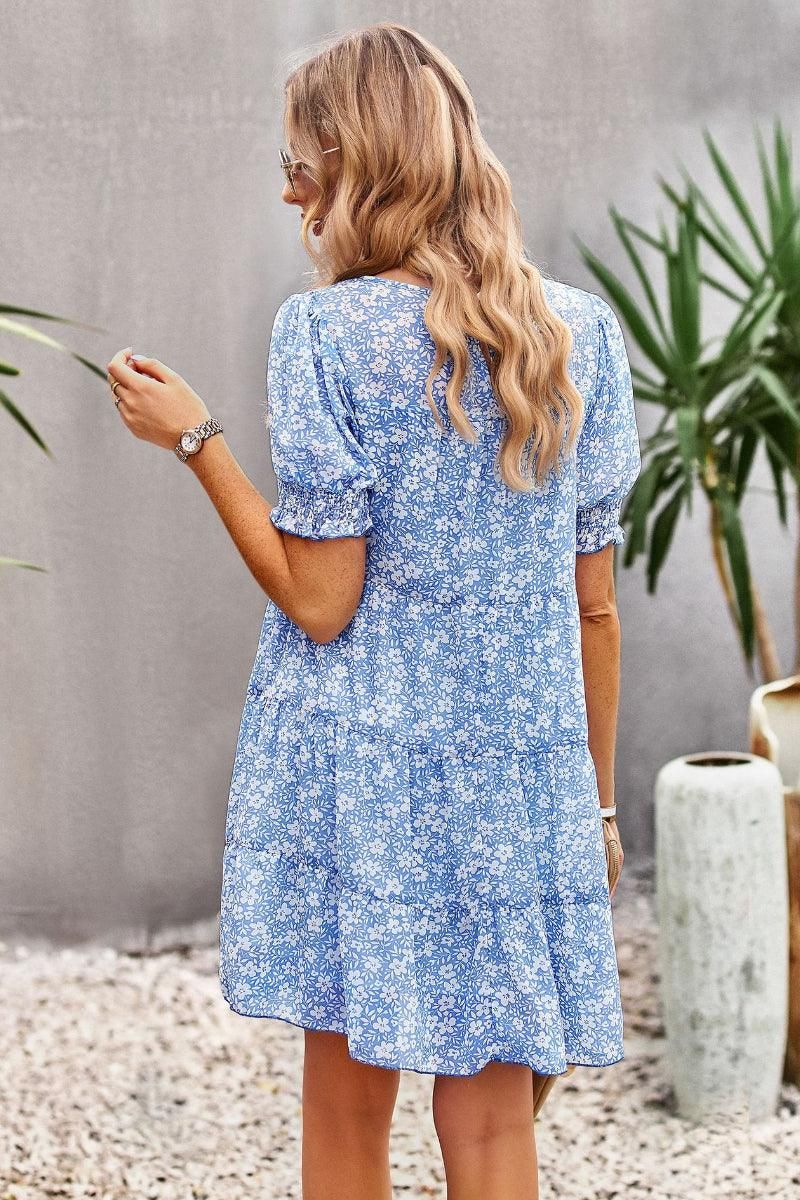 FLORAL PUFF SHOULDER KANKAN DRESS - Doublju