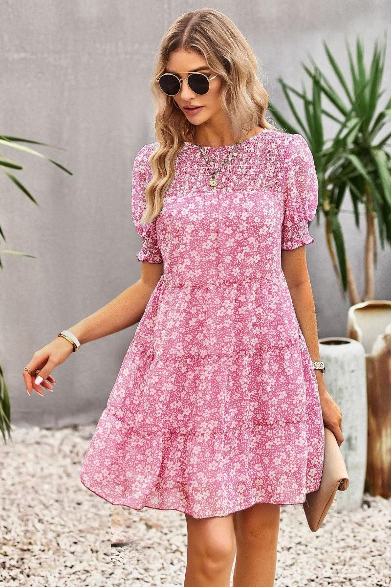 FLORAL PUFF SHOULDER KANKAN DRESS - Doublju