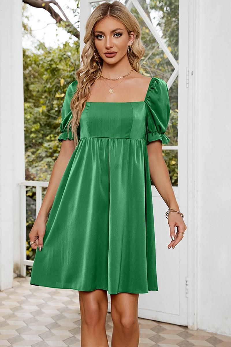 SQUARE NECK SILKY PLEATED LOOSE DRESS - Doublju