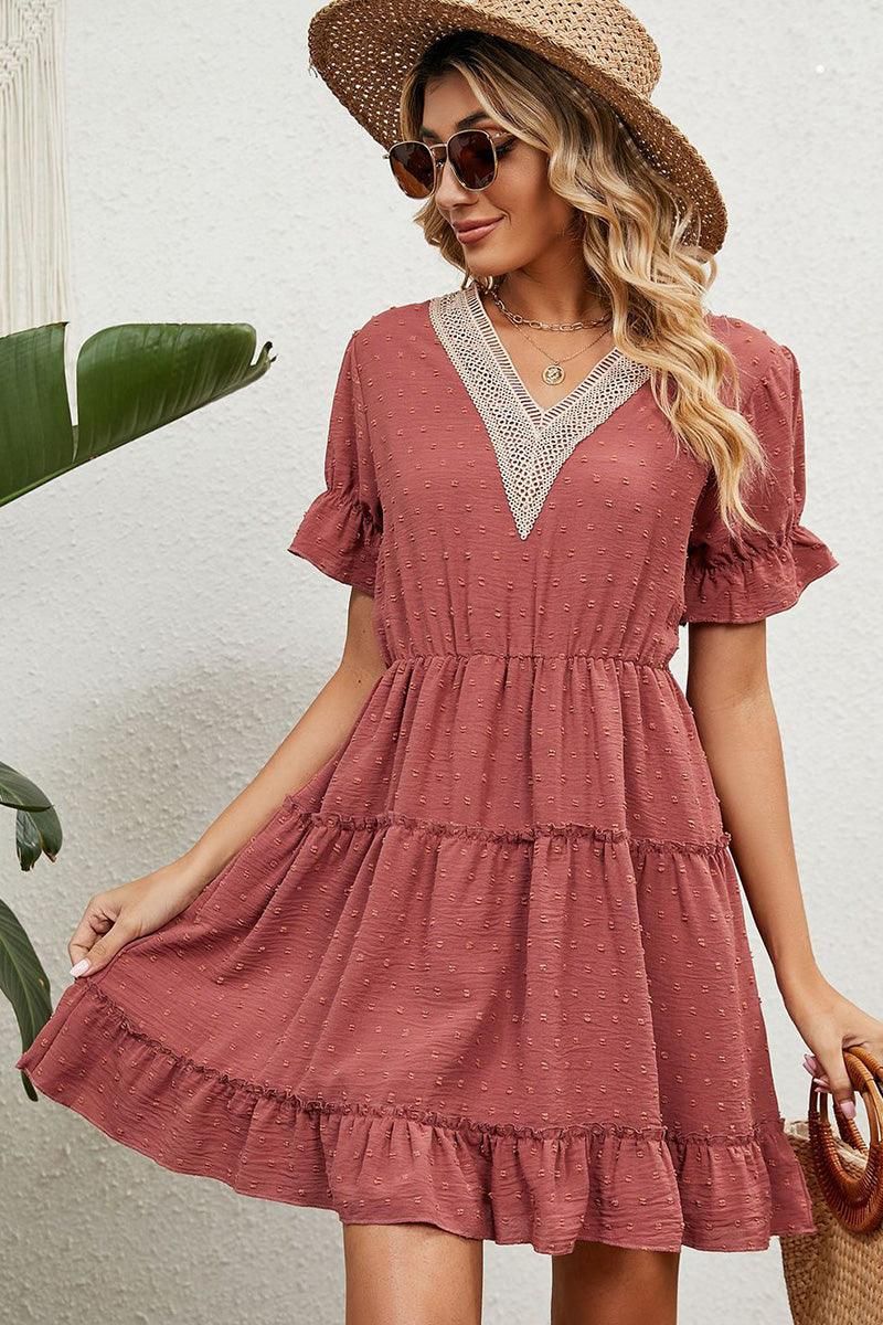 V LACE POINT NECK SHORT JACQUARD RUFFLED DRESS - Doublju