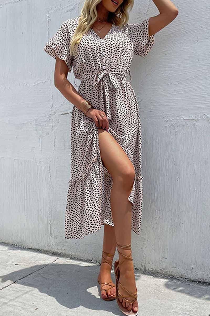 LEOPARD PATTERN SLIT LONG DRESS - Doublju