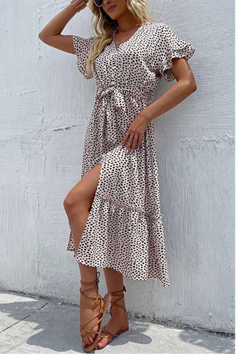 LEOPARD PATTERN SLIT LONG DRESS - Doublju