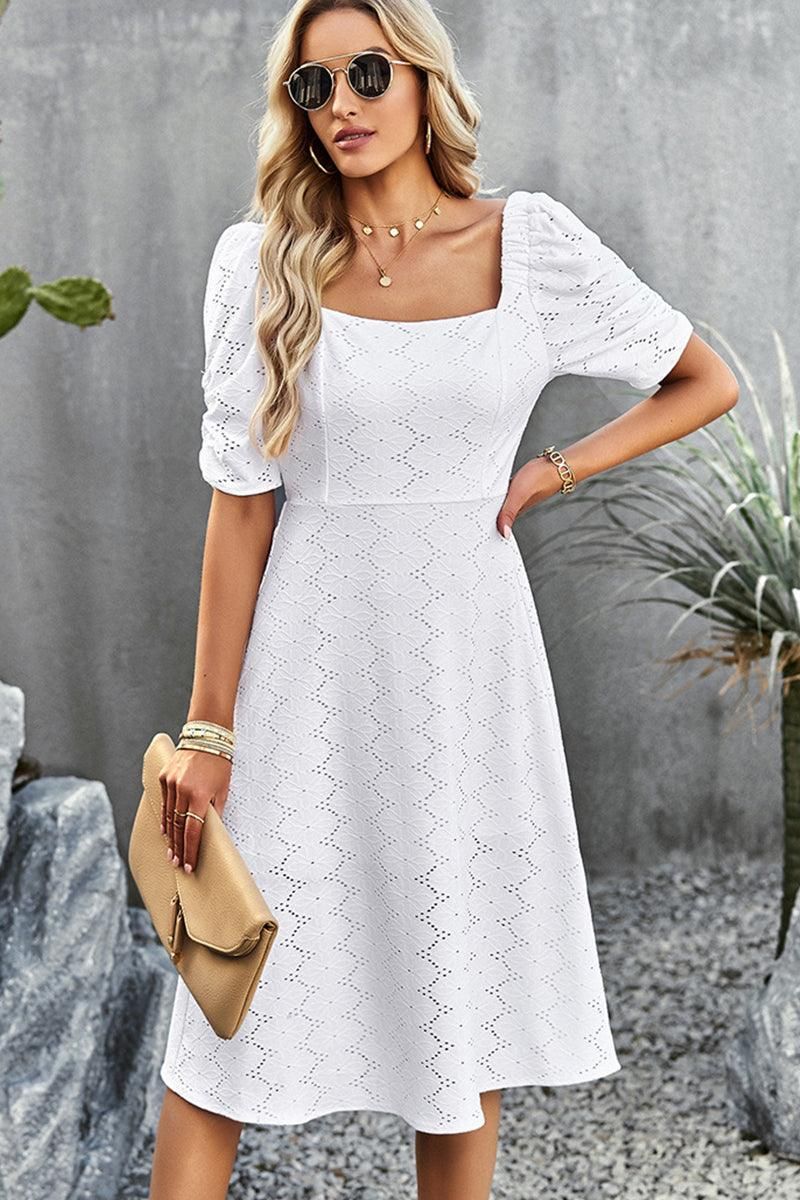 SQUARE NECK PUNCHING DETAILED CASUAL DRESS - Doublju