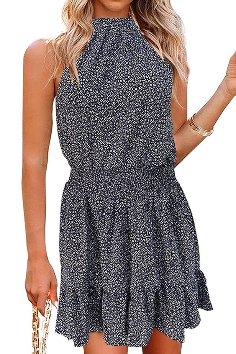 FLORAL TIGHTEN WAIST SHORT HALTER NECK DRESS - Doublju